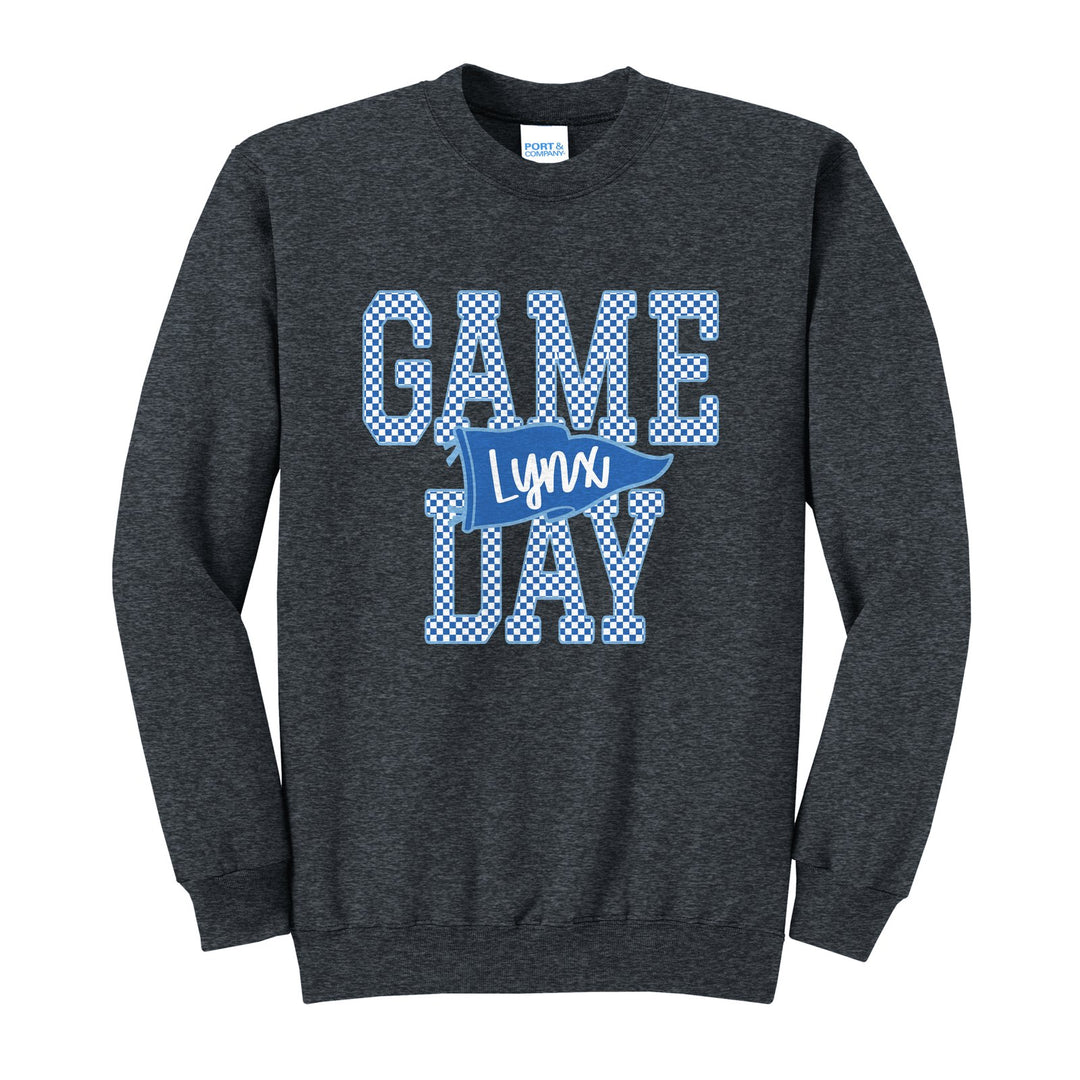 Oley Valley Lynx Game Day crewneck sweatshirt in Dark Heather Grey: checkered GAME DAY lettering with a Lynx pennant across the middle