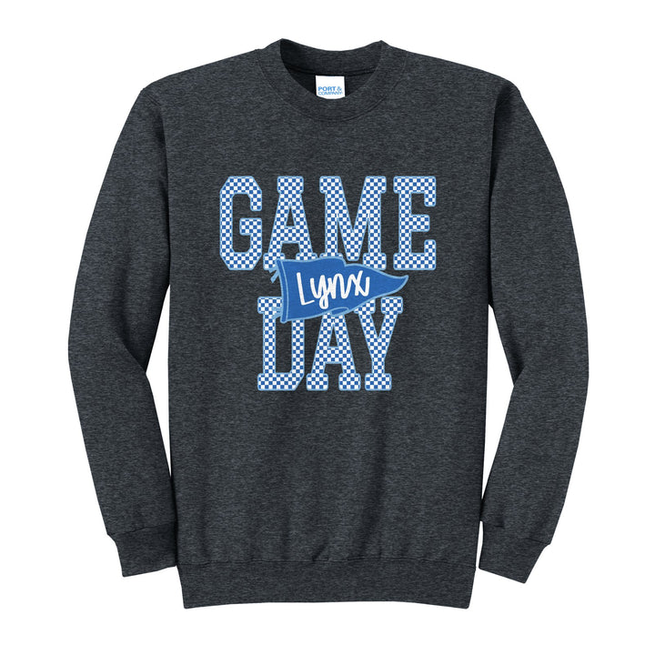 Oley Valley Lynx Game Day crewneck sweatshirt in Dark Heather Grey: checkered GAME DAY lettering with a Lynx pennant across the middle