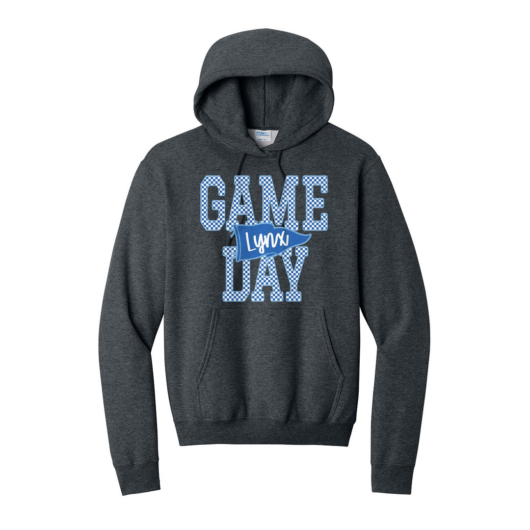 Oley Valley Lynx Game Day hoodie in Dark Heather Grey: checkered GAME DAY lettering with a Lynx pennant across the middle