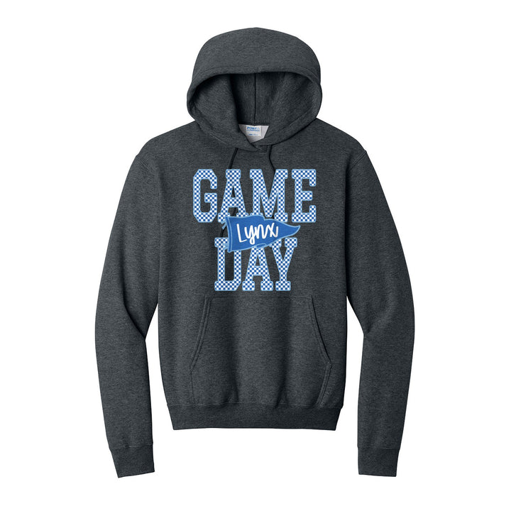 Oley Valley Lynx Game Day hoodie in Dark Heather Grey: checkered GAME DAY lettering with a Lynx pennant across the middle