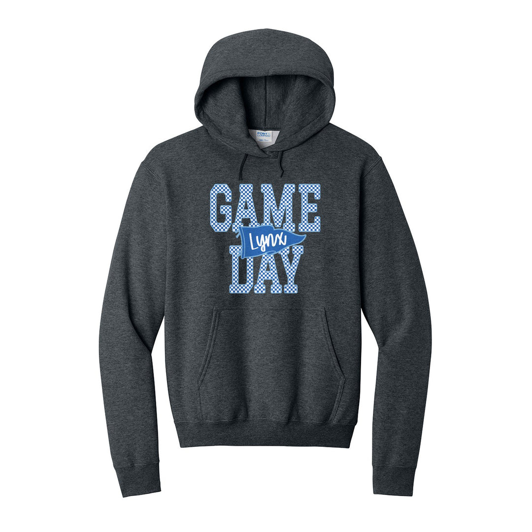 Oley Valley Lynx Game Day hoodie in Dark Heather Grey: checkered GAME DAY lettering with a Lynx pennant across the middle