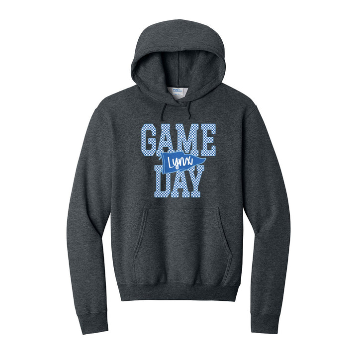 Oley Valley Lynx Game Day hoodie in Dark Heather Grey: checkered GAME DAY lettering with a Lynx pennant across the middle