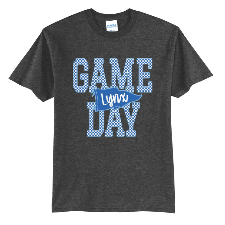 Oley Valley Lynx Game Day t-shirt in Dark Heather Grey: checkered GAME DAY lettering with a Lynx pennant across the middle
