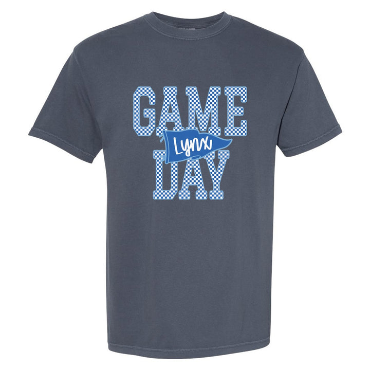 Oley Valley Lynx Game Day comfort colors t-shirt in Denim: checkered GAME DAY lettering with a Lynx pennant across the middle
