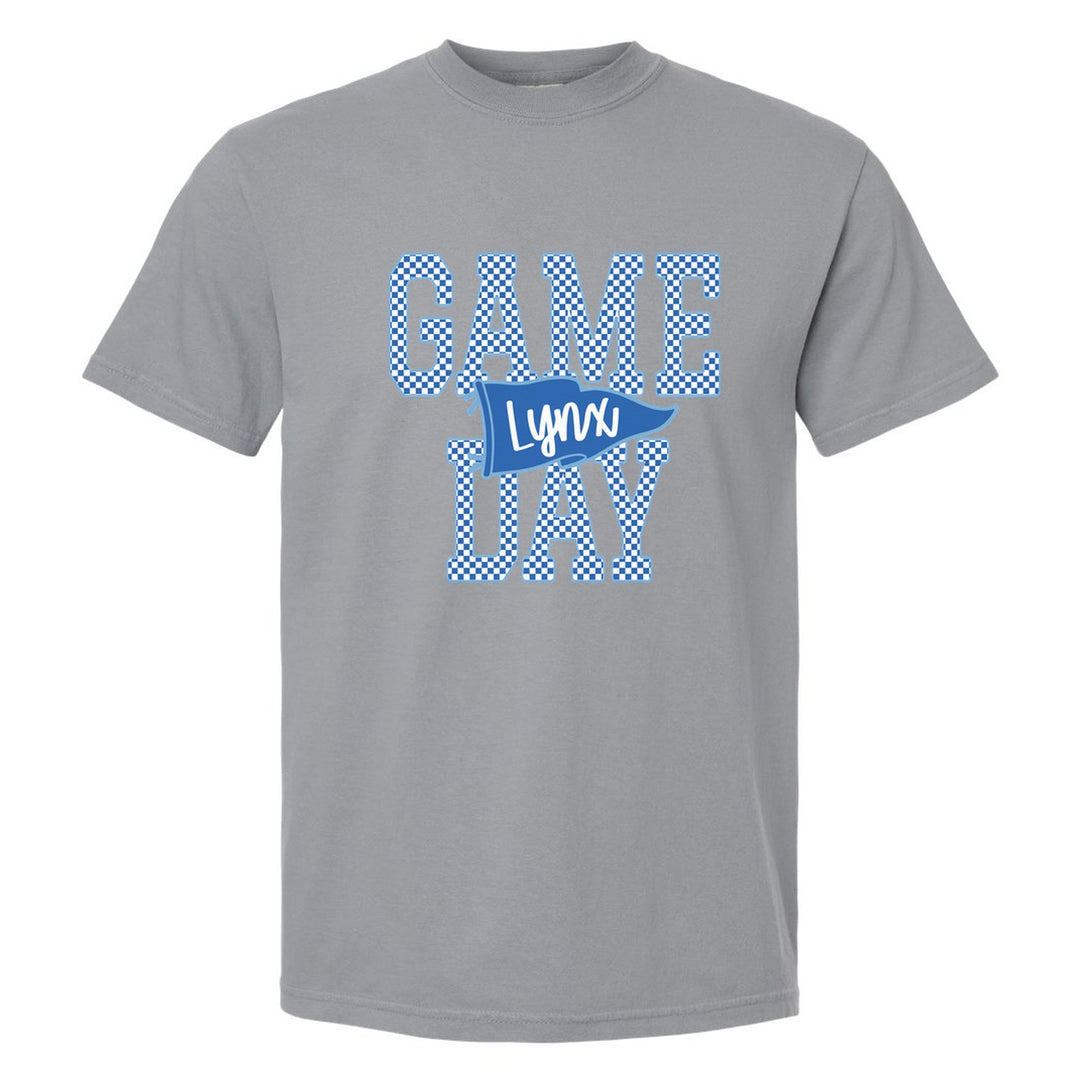 Oley Valley Lynx Game Day comfort colors t-shirt in Granite: checkered GAME DAY lettering with a Lynx pennant across the middle