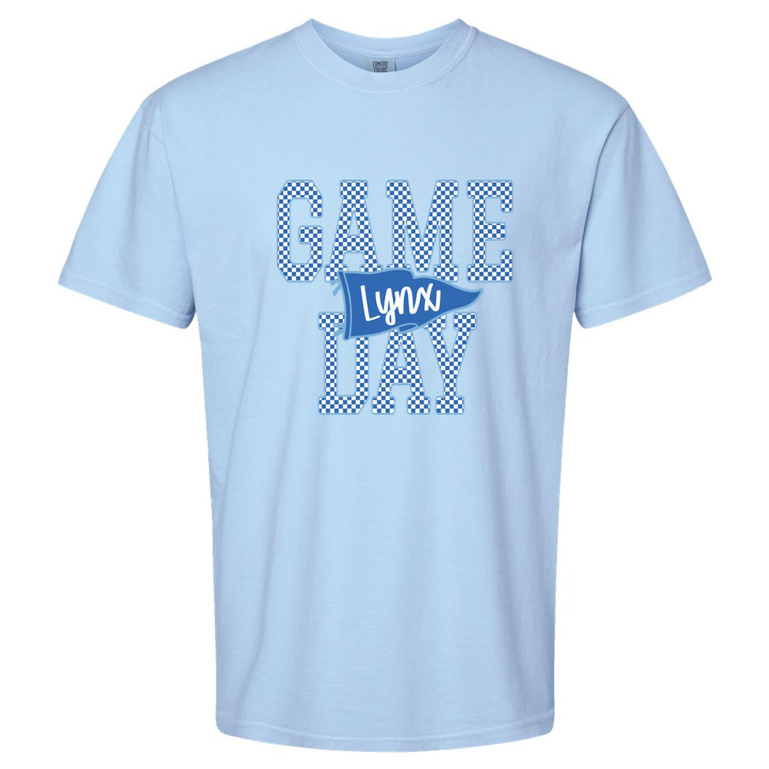 Oley Valley Lynx Game Day comfort colors t-shirt in Hydrangea: checkered GAME DAY lettering with a Lynx pennant across the middle