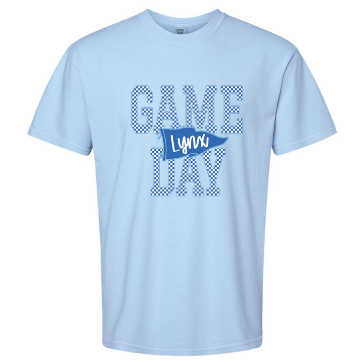 Oley Valley Lynx Game Day comfort colors t-shirt in Hydrangea: checkered GAME DAY lettering with a Lynx pennant across the middle