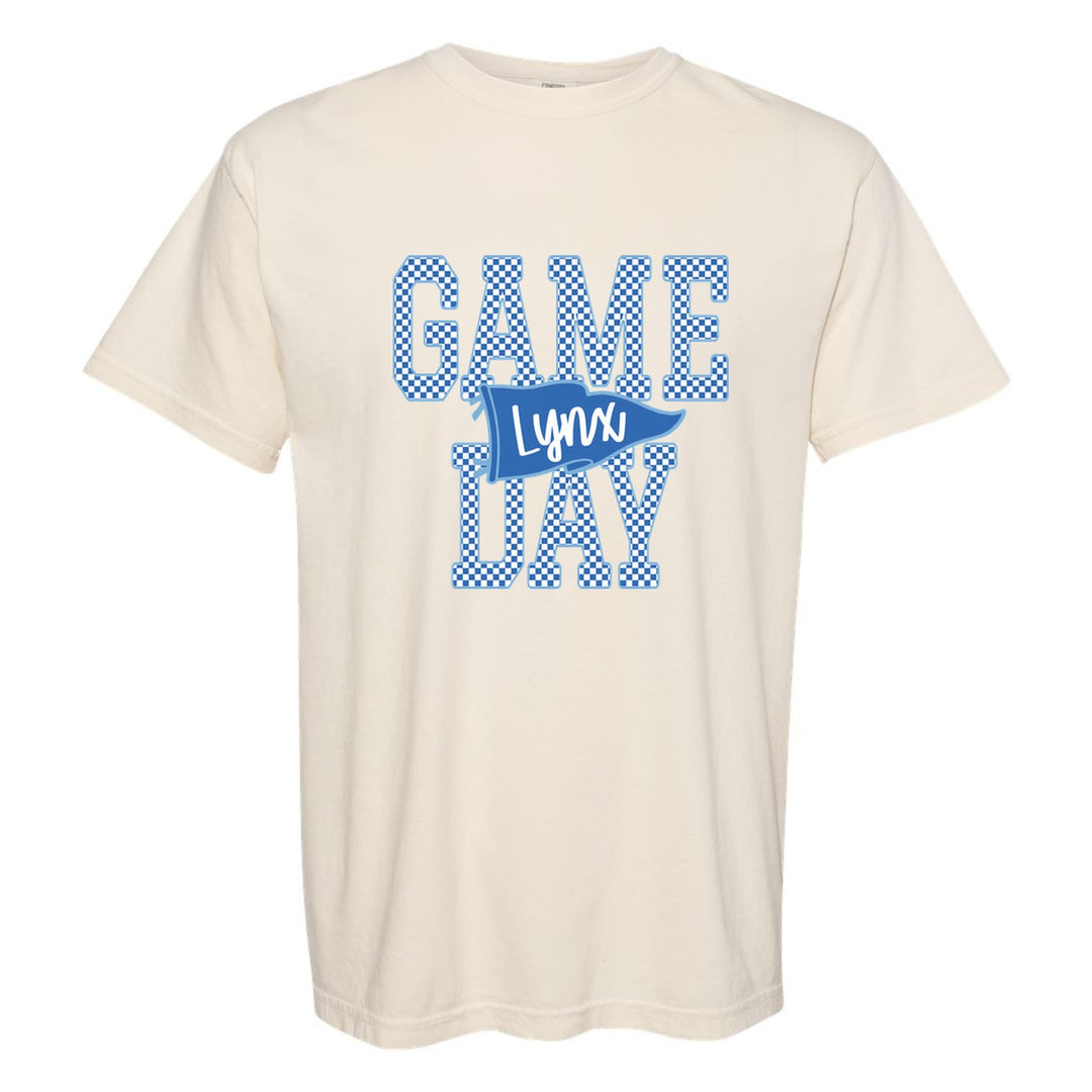 Oley Valley Lynx Game Day comfort colors t-shirt in Ivory: checkered GAME DAY lettering with a Lynx pennant across the middle