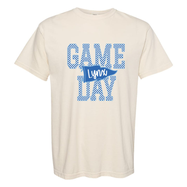 Oley Valley Lynx Game Day comfort colors t-shirt in Ivory: checkered GAME DAY lettering with a Lynx pennant across the middle