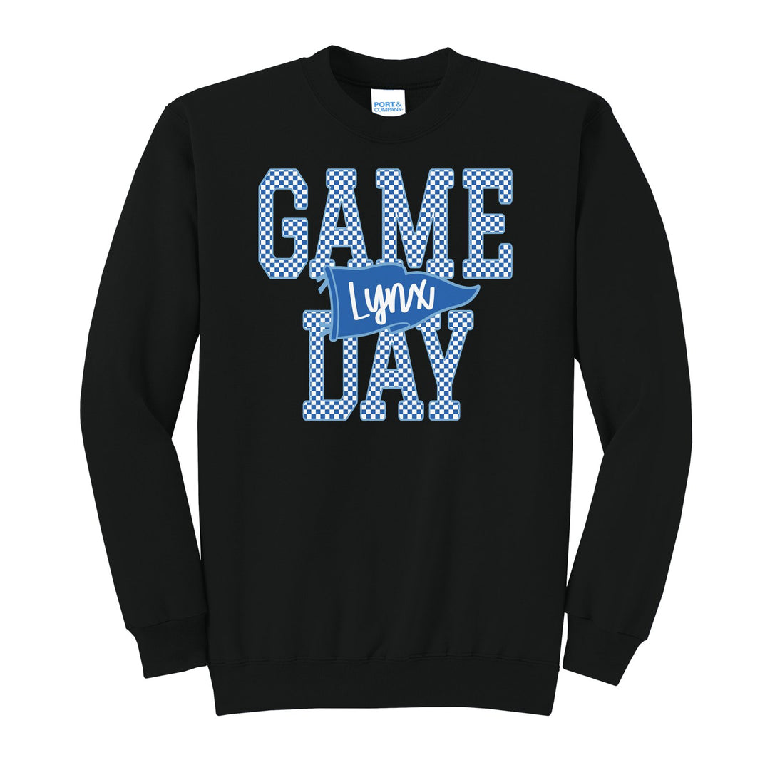 Oley Valley Lynx Game Day crewneck sweatshirt in Jet Black: checkered GAME DAY lettering with a Lynx pennant across the middle