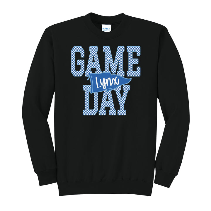 Oley Valley Lynx Game Day crewneck sweatshirt in Jet Black: checkered GAME DAY lettering with a Lynx pennant across the middle