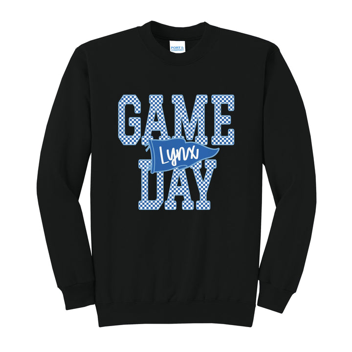Oley Valley Lynx Game Day crewneck sweatshirt in Jet Black: checkered GAME DAY lettering with a Lynx pennant across the middle