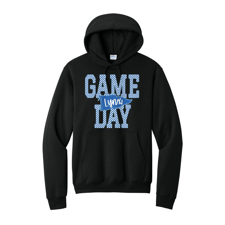Oley Valley Lynx Game Day hoodie in Jet Black: checkered GAME DAY lettering with a Lynx pennant across the middle