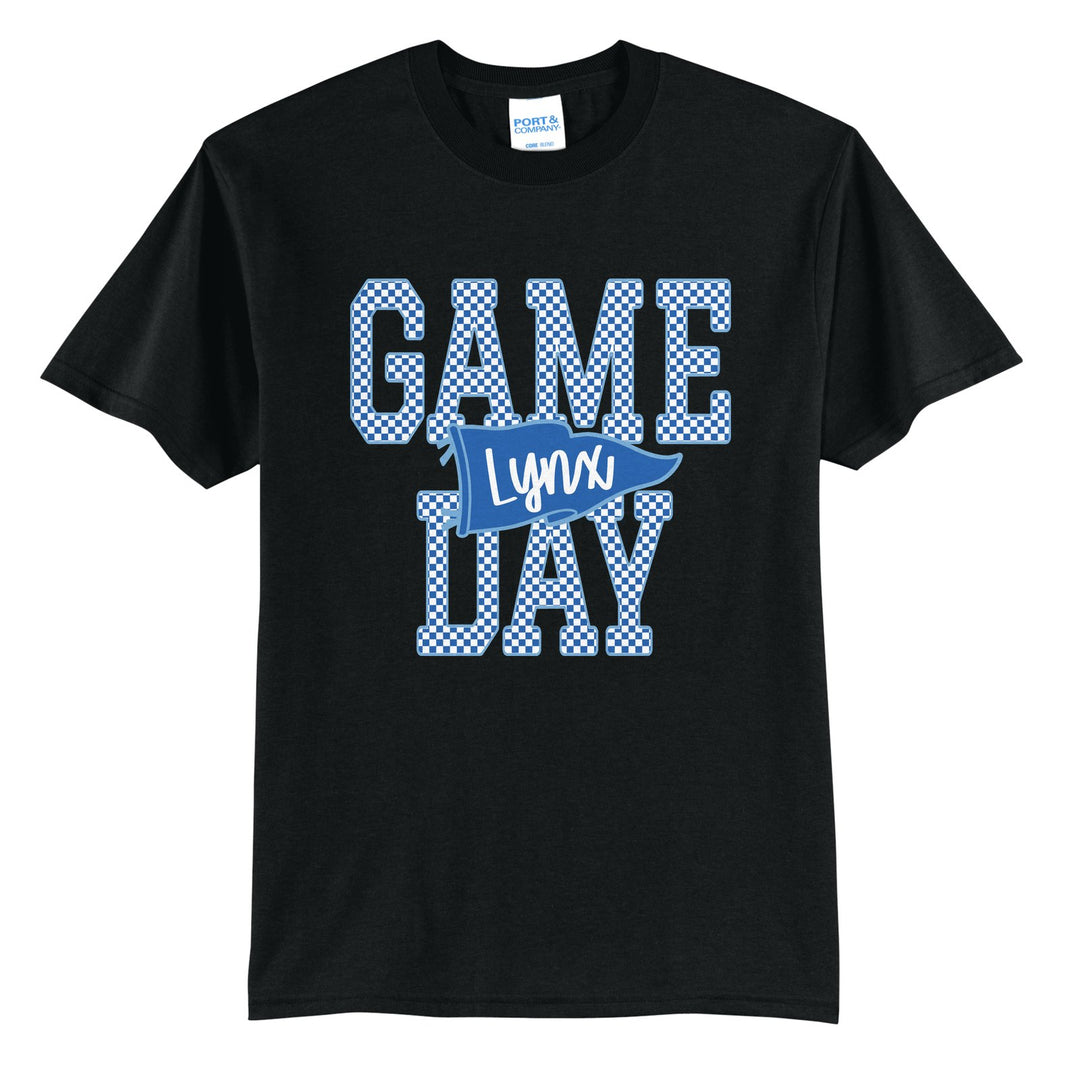 Oley Valley Lynx Game Day t-shirt in Jet Black: checkered GAME DAY lettering with a Lynx pennant across the middle