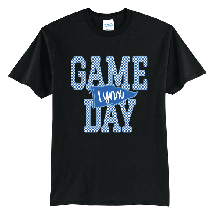 Oley Valley Lynx Game Day t-shirt in Jet Black: checkered GAME DAY lettering with a Lynx pennant across the middle