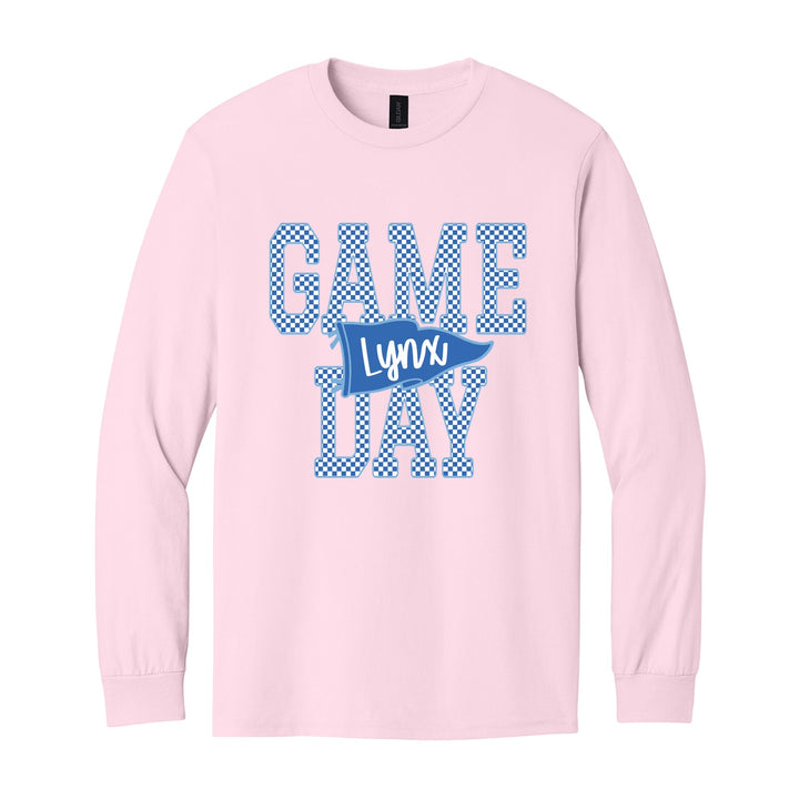 Oley Valley Lynx Game Day long sleeve t-shirt in Light Pink: checkered GAME DAY lettering with a Lynx pennant across the middle