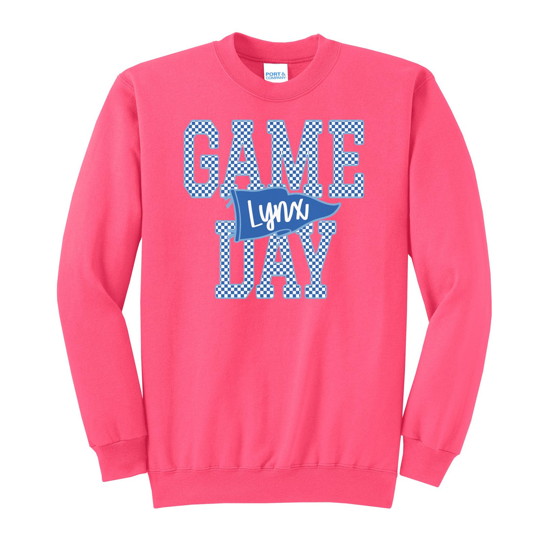 Oley Valley Lynx Game Day crewneck sweatshirt in Neon Pink: checkered GAME DAY lettering with a Lynx pennant across the middle
