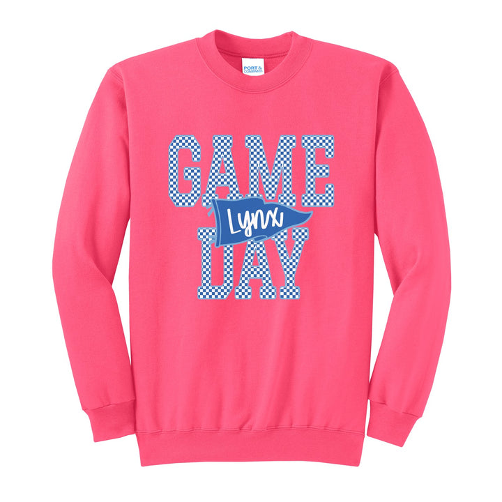 Oley Valley Lynx Game Day crewneck sweatshirt in Neon Pink: checkered GAME DAY lettering with a Lynx pennant across the middle