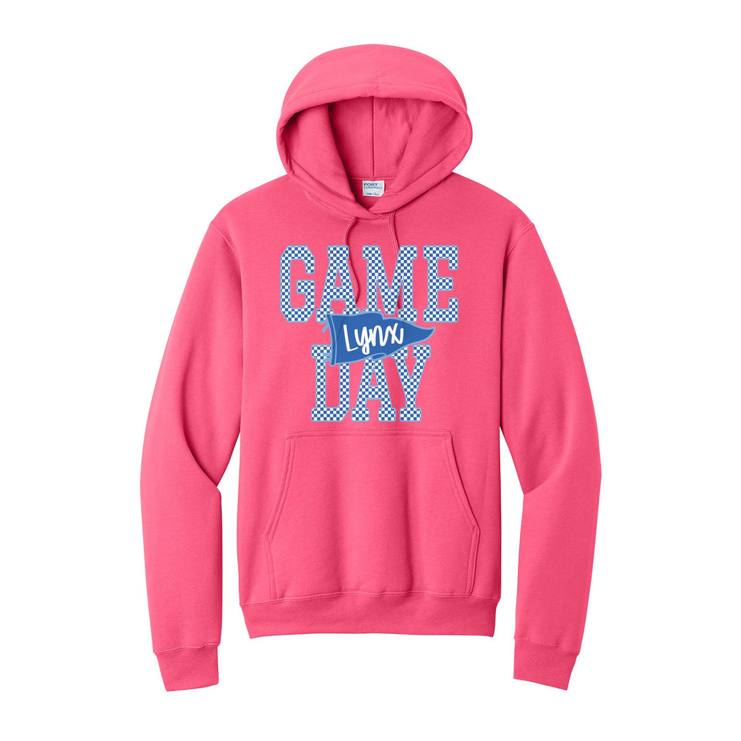 Oley Valley Lynx Game Day hoodie in Neon Pink: checkered GAME DAY lettering with a Lynx pennant across the middle