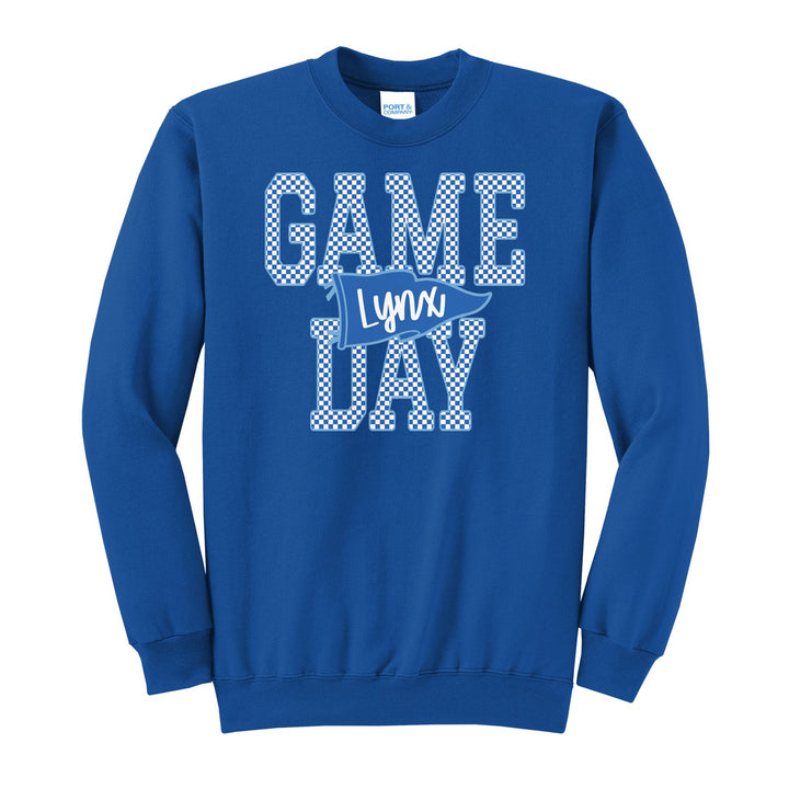 Oley Valley Lynx Game Day crewneck sweatshirt in Royal: checkered GAME DAY lettering with a Lynx pennant across the middle