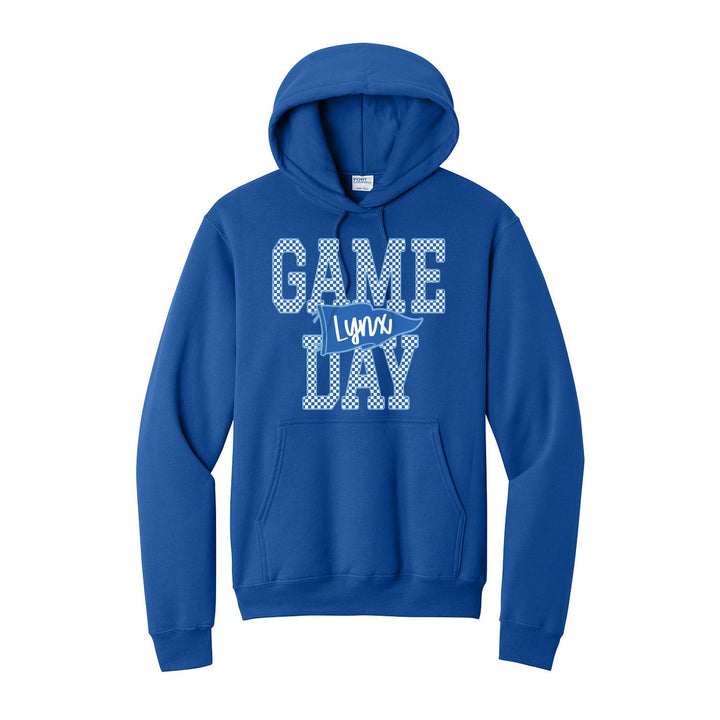 Oley Valley Lynx Game Day hoodie in Royal: checkered GAME DAY lettering with a Lynx pennant across the middle