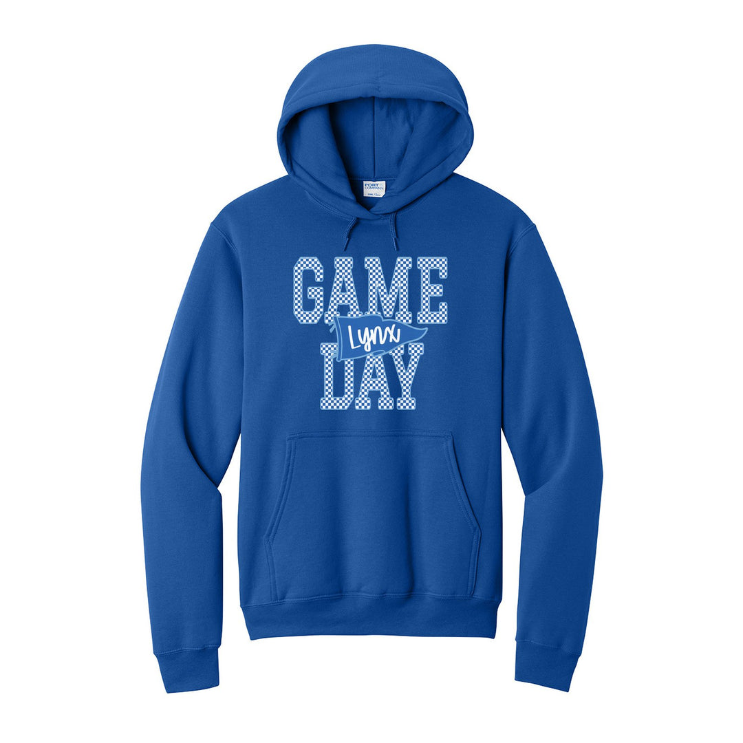 Oley Valley Lynx Game Day hoodie in Royal: checkered GAME DAY lettering with a Lynx pennant across the middle