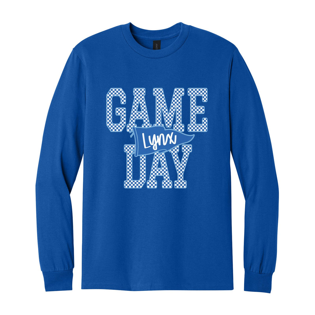 Oley Valley Lynx Game Day long sleeve t-shirt in Royal: checkered GAME DAY lettering with a Lynx pennant across the middle