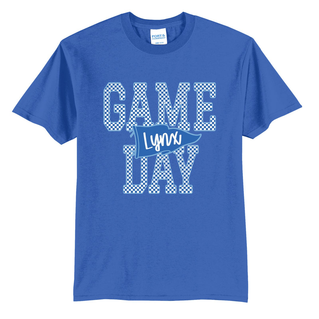 Oley Valley Lynx Game Day t-shirt in Royal: checkered GAME DAY lettering with a Lynx pennant across the middle