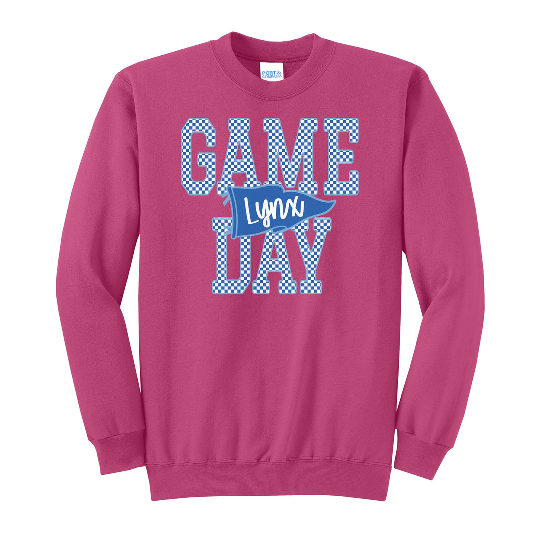 Oley Valley Lynx Game Day crewneck sweatshirt in Sangria: checkered GAME DAY lettering with a Lynx pennant across the middle