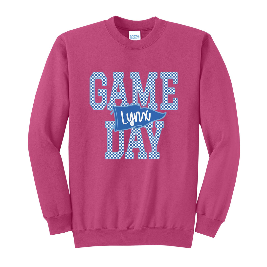 Oley Valley Lynx Game Day crewneck sweatshirt in Sangria: checkered GAME DAY lettering with a Lynx pennant across the middle
