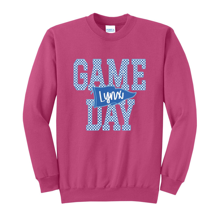Oley Valley Lynx Game Day crewneck sweatshirt in Sangria: checkered GAME DAY lettering with a Lynx pennant across the middle