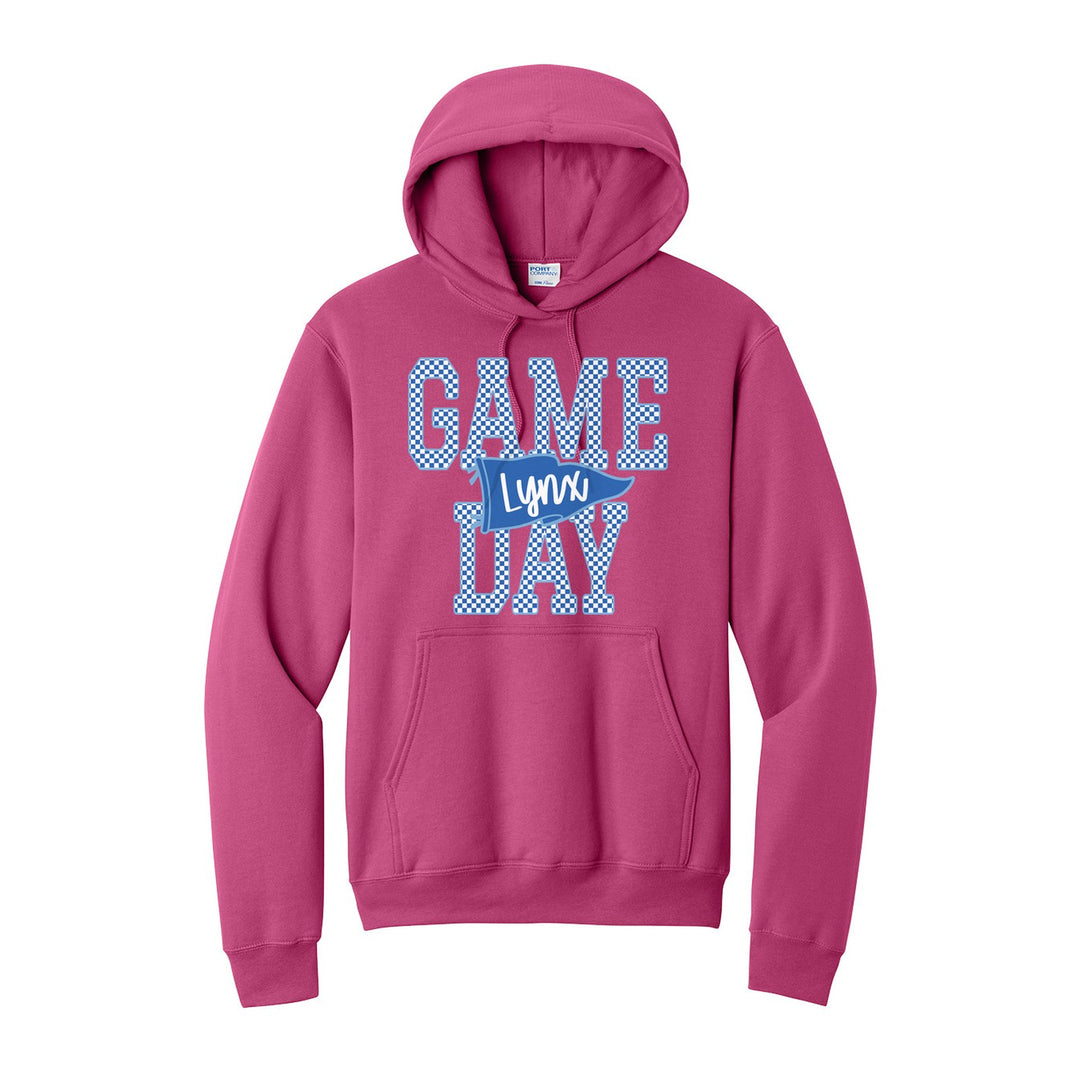 Oley Valley Lynx Game Day hoodie in Sangria: checkered GAME DAY lettering with a Lynx pennant across the middle