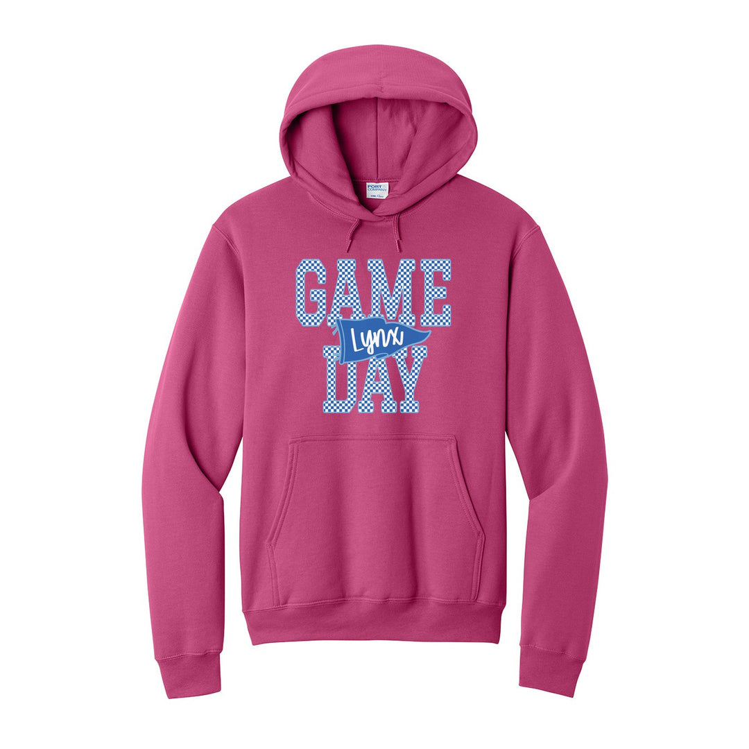 Oley Valley Lynx Game Day hoodie in Sangria: checkered GAME DAY lettering with a Lynx pennant across the middle