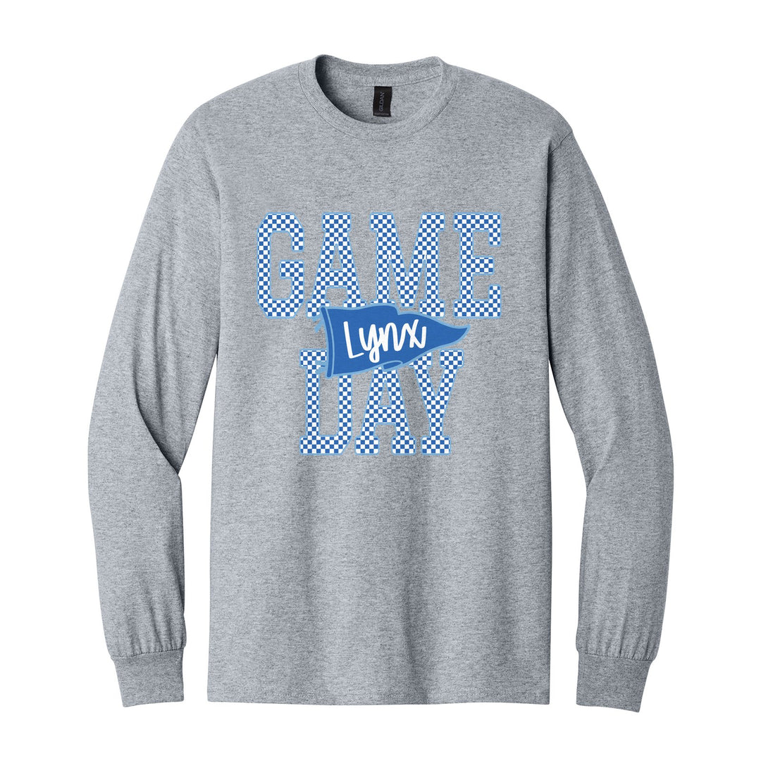 Oley Valley Lynx Game Day long sleeve t-shirt in Sport Grey: checkered GAME DAY lettering with a Lynx pennant across the middle