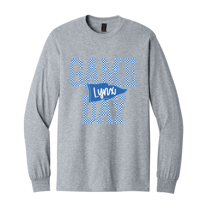 Oley Valley Lynx Game Day long sleeve t-shirt in Sport Grey: checkered GAME DAY lettering with a Lynx pennant across the middle
