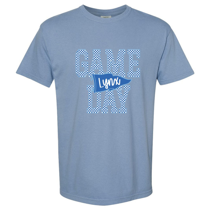Oley Valley Lynx Game Day comfort colors t-shirt in Washed Denim: checkered GAME DAY lettering with a Lynx pennant across the middle