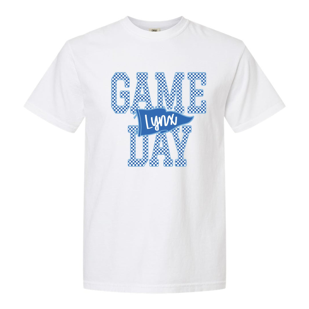 Oley Valley Lynx Game Day comfort colors t-shirt in White: checkered GAME DAY lettering with a Lynx pennant across the middle