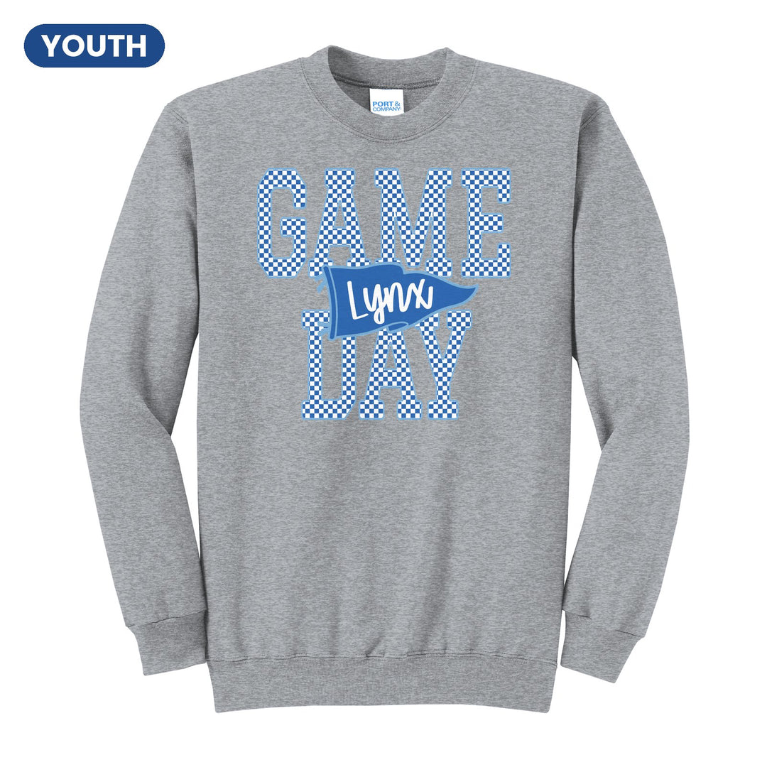 Oley Valley Lynx Game Day youth crewneck sweatshirt in Athletic Heather: checkered GAME DAY lettering with a Lynx pennant across the middle