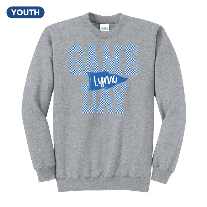 Oley Valley Lynx Game Day youth crewneck sweatshirt in Athletic Heather: checkered GAME DAY lettering with a Lynx pennant across the middle