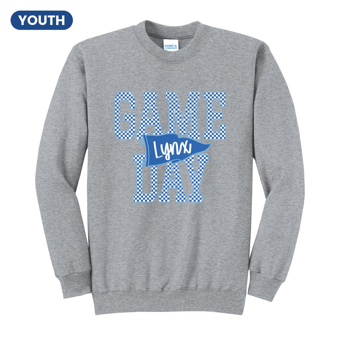 Oley Valley Lynx Game Day youth crewneck sweatshirt in Athletic Heather: checkered GAME DAY lettering with a Lynx pennant across the middle