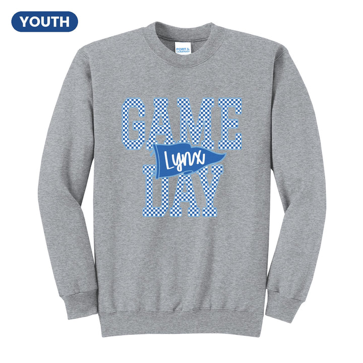Oley Valley Lynx Game Day youth crewneck sweatshirt in Athletic Heather: checkered GAME DAY lettering with a Lynx pennant across the middle