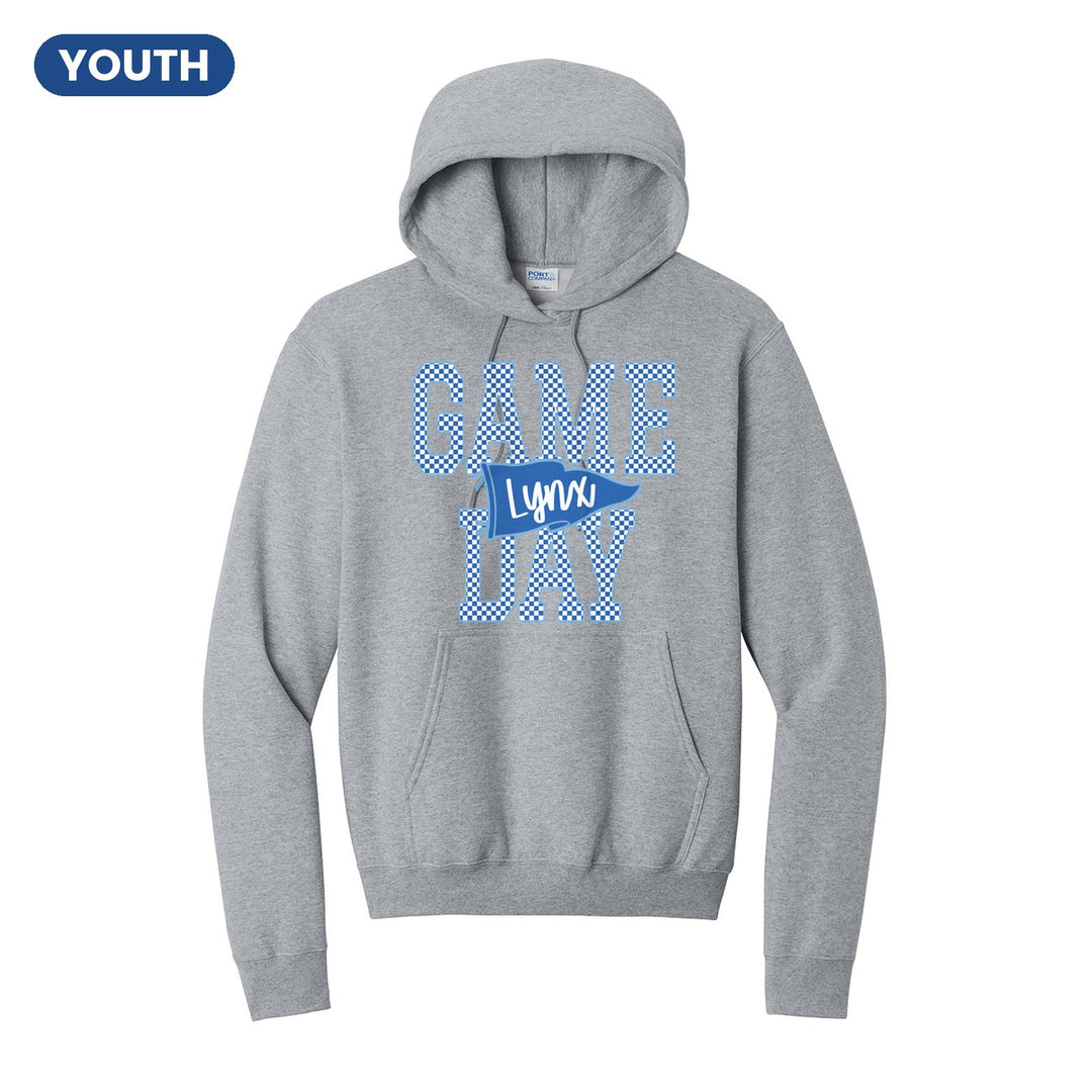 Oley Valley Lynx Game Day youth hoodie in Athletic Heather: checkered GAME DAY lettering with a Lynx pennant across the middle