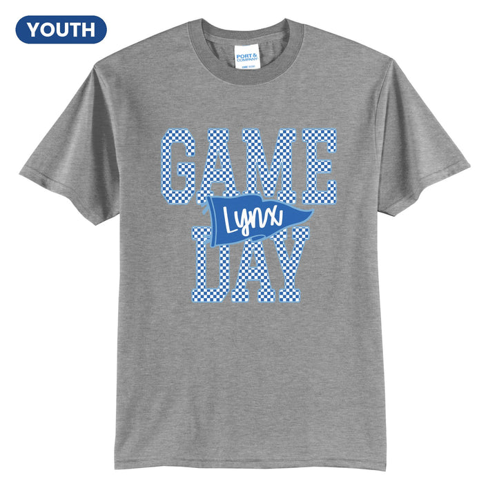 Oley Valley Lynx Game Day youth t-shirt in Athletic Heather: checkered GAME DAY lettering with a Lynx pennant across the middle