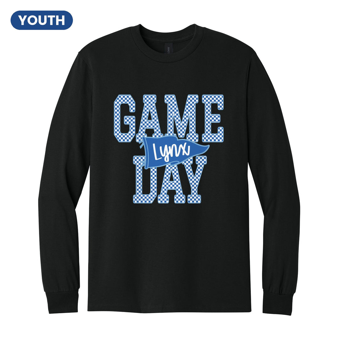 Oley Valley Lynx Game Day youth long sleeve t-shirt in Black: checkered GAME DAY lettering with a Lynx pennant across the middle