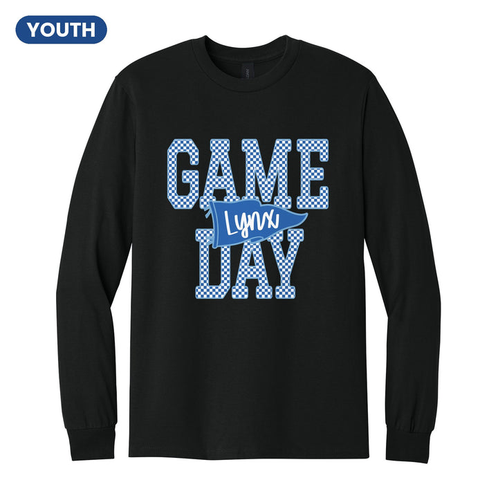Oley Valley Lynx Game Day youth long sleeve t-shirt in Black: checkered GAME DAY lettering with a Lynx pennant across the middle