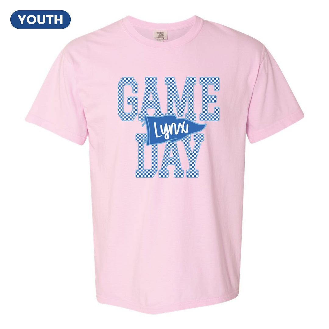 Oley Valley Lynx Game Day youth comfort colors t-shirt in Blossom: checkered GAME DAY lettering with a Lynx pennant across the middle