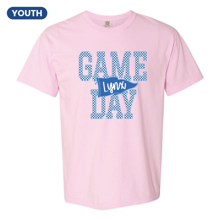 Oley Valley Lynx Game Day youth comfort colors t-shirt in Blossom: checkered GAME DAY lettering with a Lynx pennant across the middle