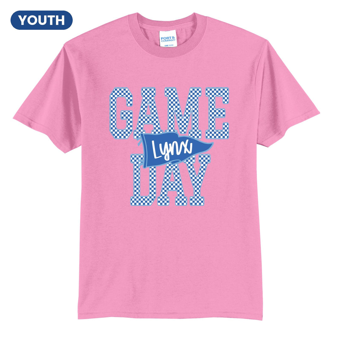 Oley Valley Lynx Game Day youth t-shirt in Candy Pink: checkered GAME DAY lettering with a Lynx pennant across the middle