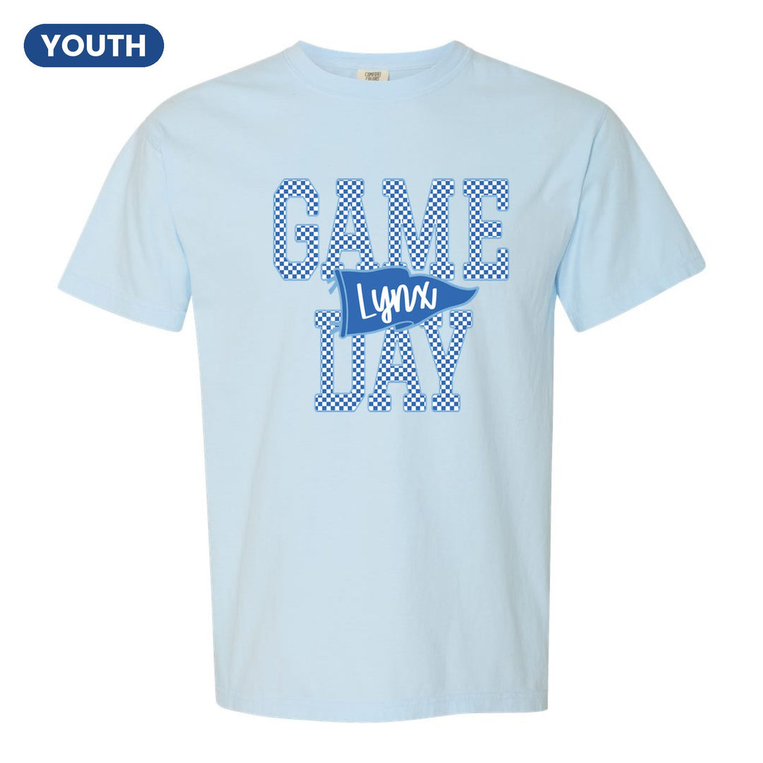 Oley Valley Lynx Game Day youth comfort colors t-shirt in Chambray: checkered GAME DAY lettering with a Lynx pennant across the middle