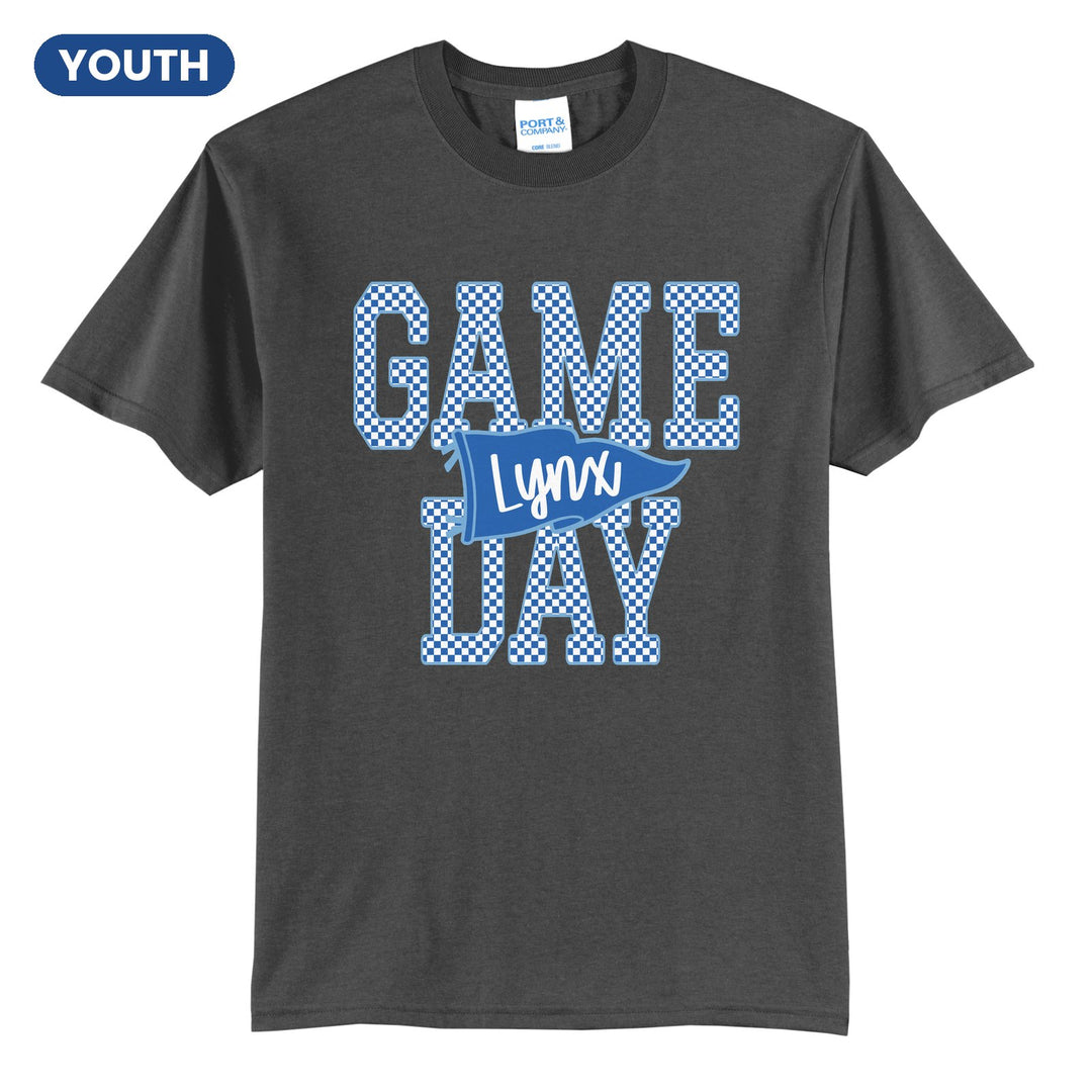 Oley Valley Lynx Game Day youth t-shirt in Charcoal: checkered GAME DAY lettering with a Lynx pennant across the middle